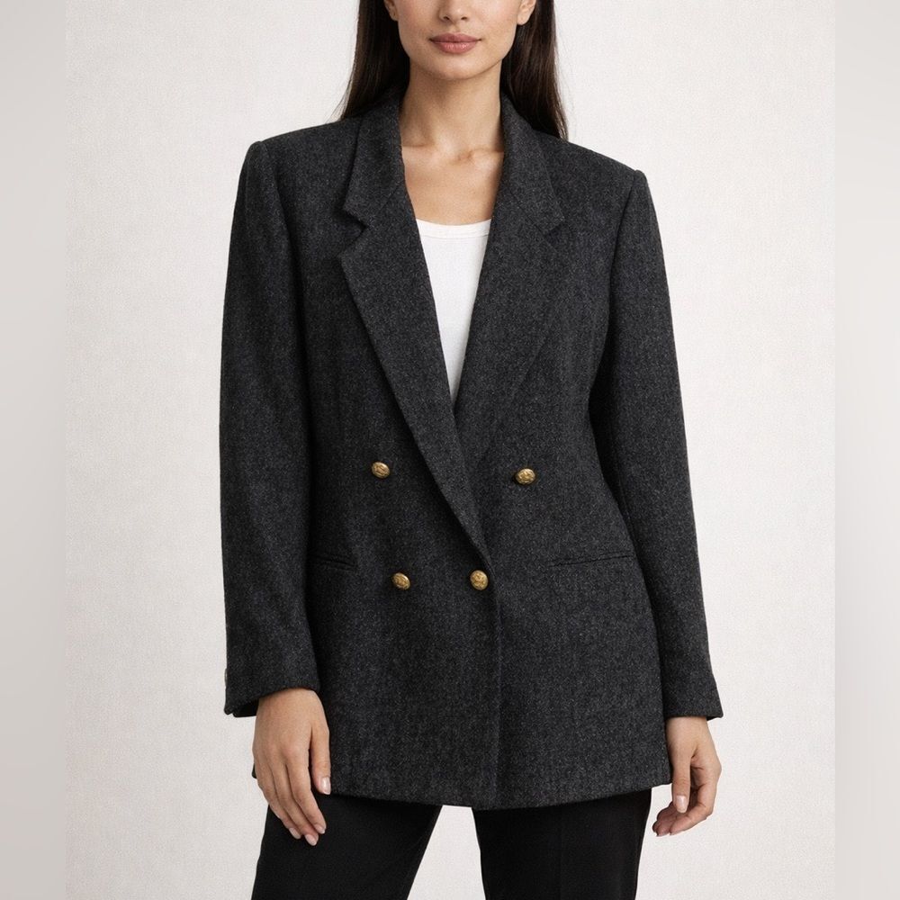 Laura Gayle Vintage Charcoal Wool Blend Double Breasted Blazer Gold Buttons 14